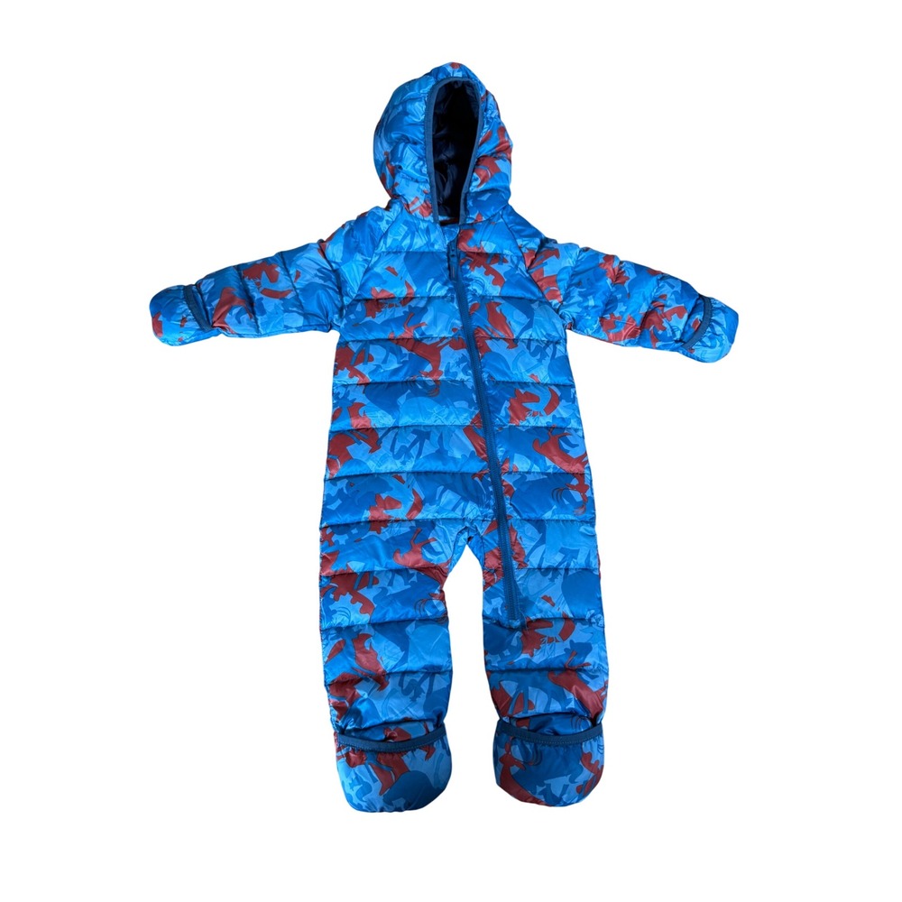 LL Bean Ultralight Down Bunting Blue Red Moose Camo Snowsuit 6-12M 514595